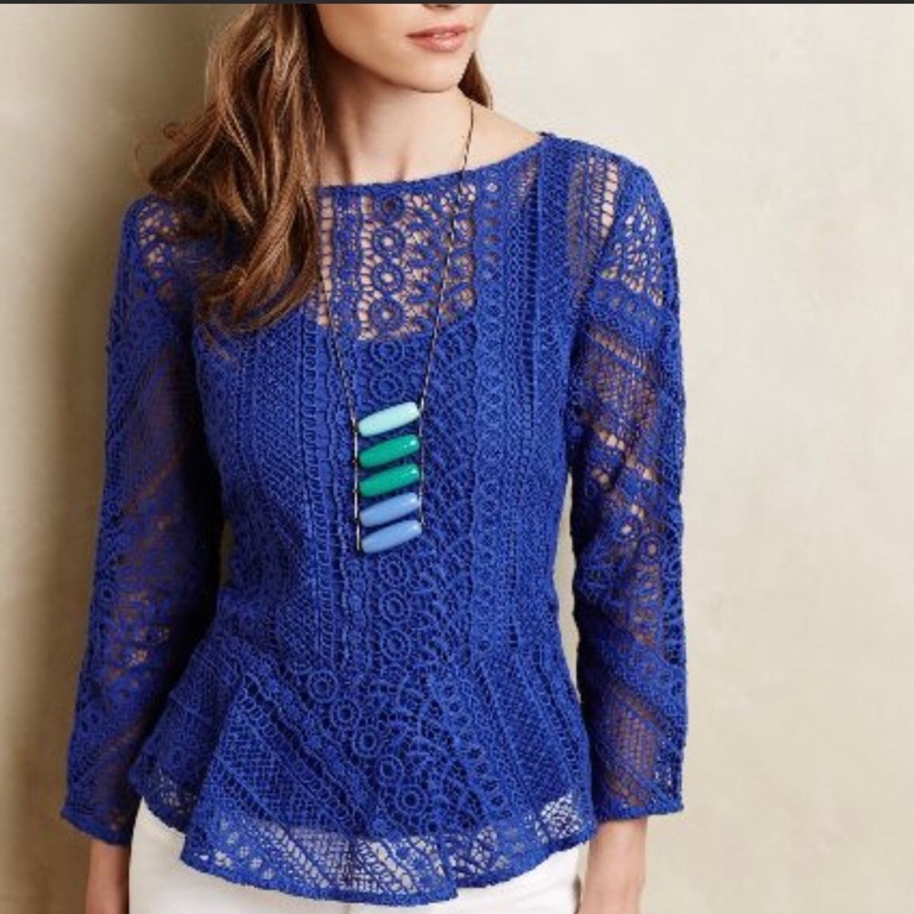 Anthropologie Blue Tassel crochet lace peplum Med
